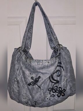 Gray, Black & White Acid Wash Style   Sequin-Embroidered Shoulder Bag